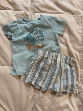 Carter's Outfit 9M Surfs Up Palm T Shirt Blue White Striped Shorts Outfit Set